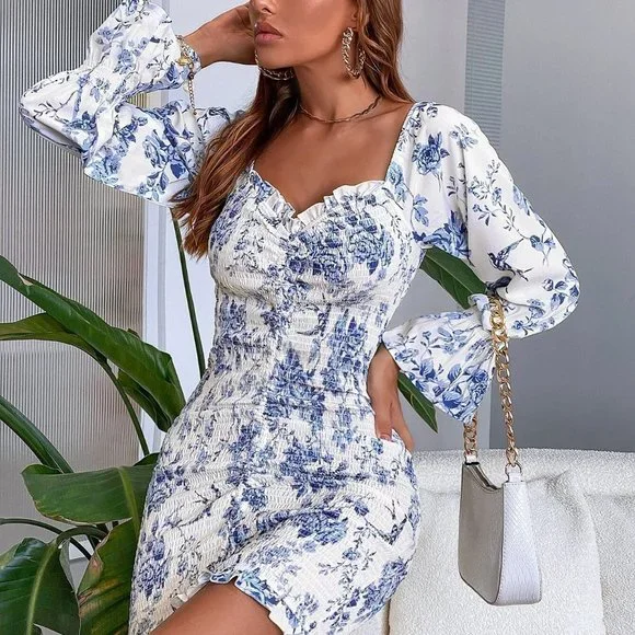 Floral Drawstring Front Bodycon Dress - Picture 5 of 5